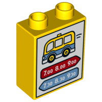 Display of LEGO part no. 76371pb003 Duplo, Brick 1 x 2 x 2 with Bottom Tube with Bus Schedule Pattern  which is a Yellow Duplo, Brick 1 x 2 x 2 with Bottom Tube with Bus Schedule Pattern 