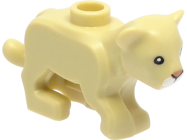 Display of LEGO part no. 77307pb01 which is a Tan Lion Baby Cub with Black Eyes, Nougat Nose, and White Muzzle Pattern 
