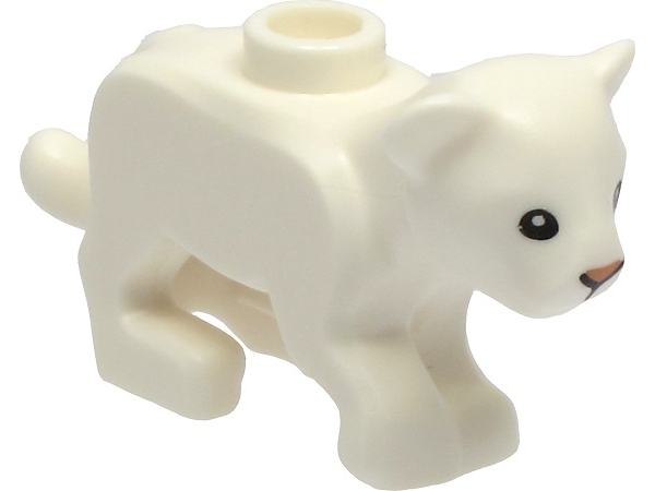 Display of LEGO part no. 77307pb02 which is a White Lion Baby Cub with Black Eyes and Nougat Nose Pattern 