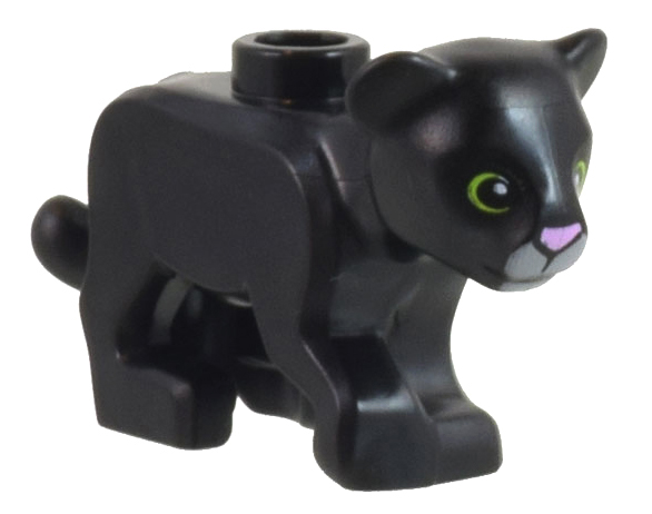 Display of LEGO part no. 77307pb03 which is a Black Lion Baby Cub with Lime Eyes and Dark Bluish Gray and Bright Pink Nose Pattern &#40;Panther Tendi&#41; 