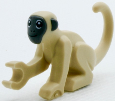 Display of LEGO part no. 77864pb02 Monkey with Molded Dark Bluish Gray Face and Ears, Printed Black Eyes, Nostrils, and Mouth Pattern  which is a Tan Monkey with Molded Dark Bluish Gray Face and Ears, Printed Black Eyes, Nostrils, and Mouth Pattern 