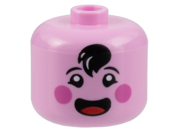 Display of LEGO part no. 79435pb02 which is a Bright Pink Minifigure, Head, Modified Giant Black Eyebrows and Hair Tuft, Dark Pink Circles on Cheeks, Open Mouth Smile with Red Tongue Pattern, Vented Stud 