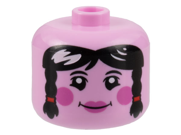 Display of LEGO part no. 79435pb03 which is a Bright Pink Minifigure, Head, Modified Giant Female Black Eyebrows and Hair with Braids, Dark Pink Circles on Cheeks and Lips, Grin Pattern, Vented Stud 