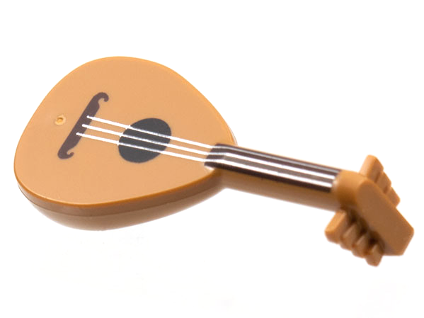 Display of LEGO part no. 80503pb01 Minifigure, Utensil Lute with Dark Brown Neck and Silver Strings Pattern  which is a Medium Nougat Minifigure, Utensil Lute with Dark Brown Neck and Silver Strings Pattern 