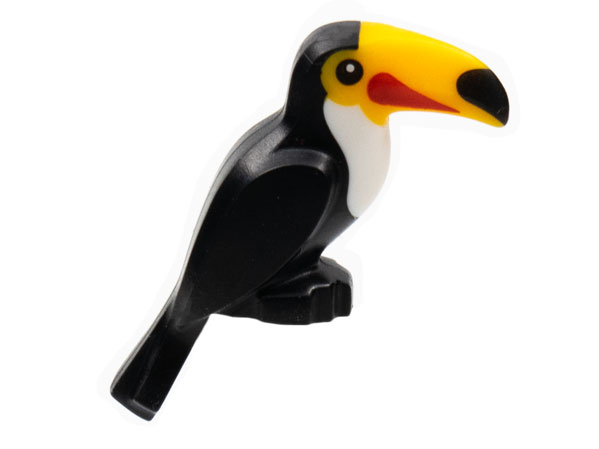 Display of LEGO part no. 80513pb01 Bird, Toucan with Bright Light Orange Beak with Red Marking, White Neck Pattern  which is a Black Bird, Toucan with Bright Light Orange Beak with Red Marking, White Neck Pattern 