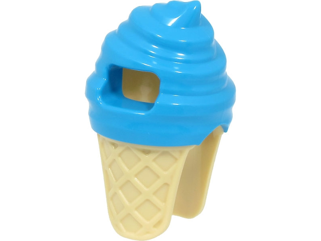 Display of LEGO part no. 80678pb01 Minifigure, Headgear Head Cover, Costume Ice Cream with Molded Tan Cone Pattern  which is a Dark Azure Minifigure, Headgear Head Cover, Costume Ice Cream with Molded Tan Cone Pattern 
