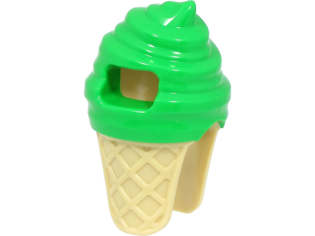 Display of LEGO part no. 80678pb01 Minifigure, Headgear Head Cover, Costume Ice Cream with Molded Tan Cone Pattern  which is a Bright Green Minifigure, Headgear Head Cover, Costume Ice Cream with Molded Tan Cone Pattern 