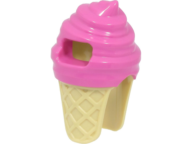Display of LEGO part no. 80678pb01 Minifigure, Headgear Head Cover, Costume Ice Cream with Molded Tan Cone Pattern  which is a Dark Pink Minifigure, Headgear Head Cover, Costume Ice Cream with Molded Tan Cone Pattern 