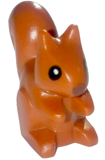 Display of LEGO part no. 80679pb01 which is a Dark Orange Squirrel with Dark Brown Nose and Black Eyes with White Pupils Pattern 