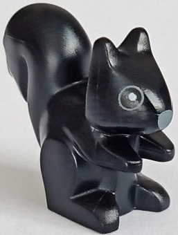 Display of LEGO part no. 80679pb02 Squirrel with White Pupils and Dark Bluish Gray Nose and Circles around Eyes Pattern  which is a Black Squirrel with White Pupils and Dark Bluish Gray Nose and Circles around Eyes Pattern 