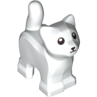 Display of LEGO part no. 80686pb01 Cat, Baby Kitten, Standing with Black Mouth, Nose, and Eyes with Pupils Pattern  which is a White Cat, Baby Kitten, Standing with Black Mouth, Nose, and Eyes with Pupils Pattern 