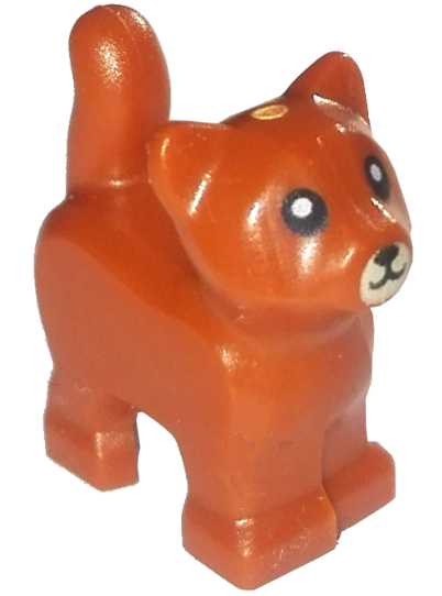Display of LEGO part no. 80686pb02 which is a Dark Orange Cat, Baby Kitten, Standing with Tan Muzzle and Black Mouth, Nose, and Eyes with White Pupils Pattern 