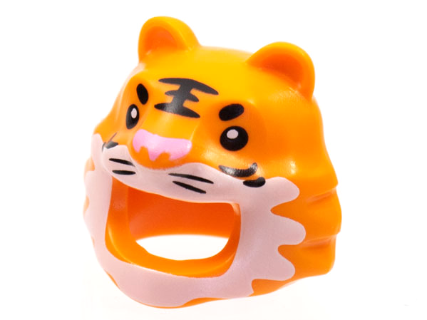 Display of LEGO part no. 80806pb01 Minifigure, Headgear Head Cover, Costume Mask Tiger with Black Stripes, White Muzzle Pattern  which is a Orange Minifigure, Headgear Head Cover, Costume Mask Tiger with Black Stripes, White Muzzle Pattern 