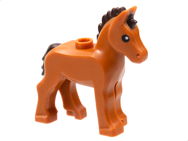Display of LEGO part no. 82445pb01 Horse, Foal with 1 Stud on Back, Dark Brown Mane and Tail, Black Eyes with Glints Pattern  which is a Dark Orange Horse, Foal with 1 Stud on Back, Dark Brown Mane and Tail, Black Eyes with Glints Pattern 