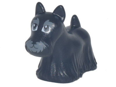 Display of LEGO part no. 83188pb01 Dog, Terrier Scottish (Scottie) with Dark Bluish Gray Eyes, Eyebrows, and Muzzle Pattern  which is a Black Dog, Terrier Scottish (Scottie) with Dark Bluish Gray Eyes, Eyebrows, and Muzzle Pattern 