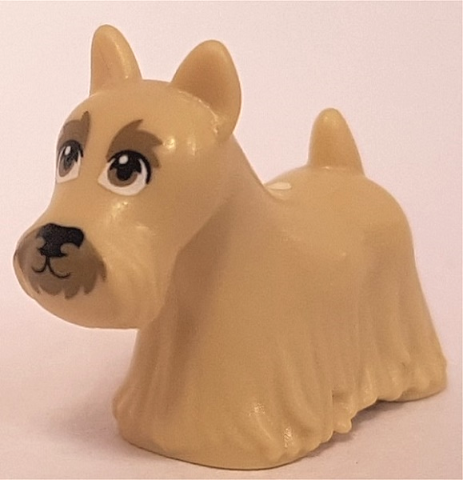 Display of LEGO part no. 83188pb02 Dog, Terrier Scottish (Scottie) with Dark Eyes, Eyebrows, and Muzzle Pattern  which is a Tan Dog, Terrier Scottish (Scottie) with Dark Eyes, Eyebrows, and Muzzle Pattern 