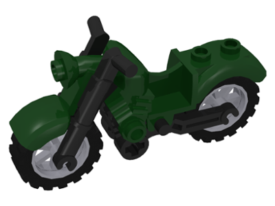 Display of LEGO part no. 85983c01 Motorcycle Vintage with Black Chassis and Light Bluish Gray Wheels  which is a Dark Green Motorcycle Vintage with Black Chassis and Light Bluish Gray Wheels 