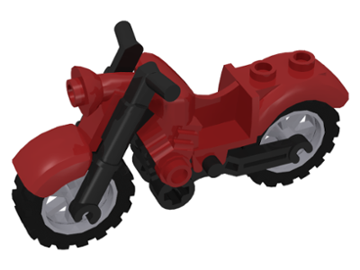 Display of LEGO part no. 85983c01 Motorcycle Vintage with Black Chassis and Light Bluish Gray Wheels  which is a Dark Red Motorcycle Vintage with Black Chassis and Light Bluish Gray Wheels 