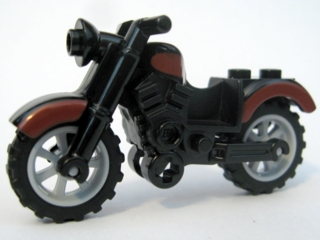 Display of LEGO part no. 85983pb01c01 Motorcycle Vintage with Dark Red Trim Pattern  which is a Black Motorcycle Vintage with Dark Red Trim Pattern 