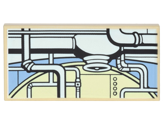 Display of LEGO part no. 87079pb0355 Tile 2 x 4 with Pipes and Fittings, Medium Blue and Bright Light Yellow Round Hatch Pattern  which is a Tan Tile 2 x 4 with Pipes and Fittings, Medium Blue and Bright Light Yellow Round Hatch Pattern 