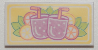 Display of LEGO part no. 87079pb0399 Tile 2 x 4 with Magenta Drinks with Straws and Citrus Fruits on Yellow Background Pattern  which is a White Tile 2 x 4 with Magenta Drinks with Straws and Citrus Fruits on Yellow Background Pattern 