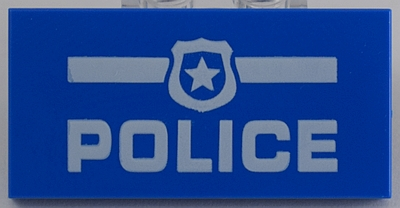 Display of LEGO part no. 87079pb0485 Tile 2 x 4 with White 'POLICE' and Badge Pattern  which is a Blue Tile 2 x 4 with White 'POLICE' and Badge Pattern 