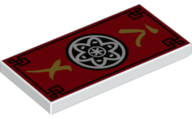 Display of LEGO part no. 87079pb0547 Tile 2 x 4 with Red Background and Ninjago Black with Flower Medallion Pattern  which is a White Tile 2 x 4 with Red Background and Ninjago Black with Flower Medallion Pattern 