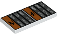 Display of LEGO part no. 87079pb0740 Tile 2 x 4 with Airline Departures and Arrivals Board Pattern  which is a White Tile 2 x 4 with Airline Departures and Arrivals Board Pattern 