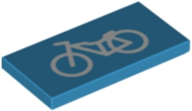 Display of LEGO part no. 87079pb0823 Tile 2 x 4 with White Bicycle Pattern  which is a Dark Azure Tile 2 x 4 with White Bicycle Pattern 