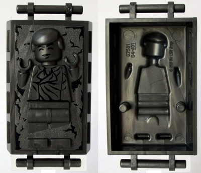 Display of LEGO part no. 87561pb01 which is a Pearl Dark Gray Minifigure, Utensil Carbonite Block with Bar Handles with Han Solo Pattern 