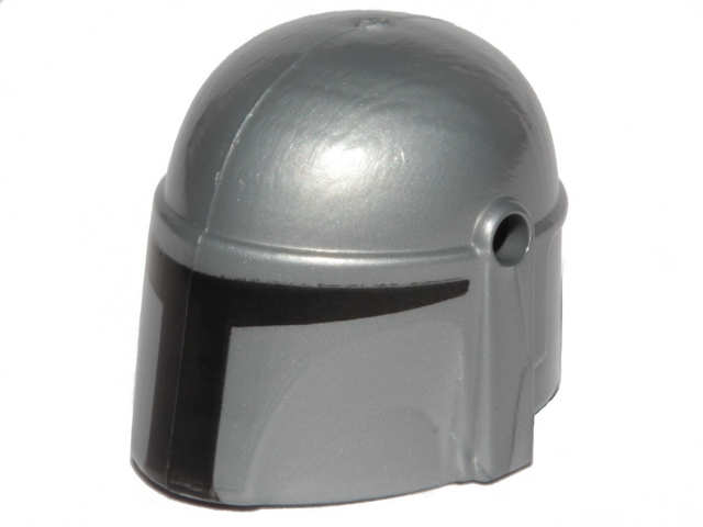 Display of LEGO part no. 87610pb09 Minifigure, Headgear Helmet with Holes, SW Mandalorian with Black Visor Pattern  which is a Flat Silver Minifigure, Headgear Helmet with Holes, SW Mandalorian with Black Visor Pattern 