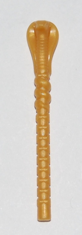 Display of LEGO part no. 90390 Minifigure, Utensil Staff with Cobra / Snake / Serpent Head  which is a Pearl Gold Minifigure, Utensil Staff with Cobra / Snake / Serpent Head 
