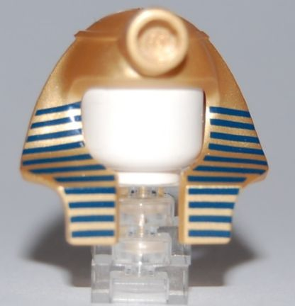 Display of LEGO part no. 90462pb01 Minifigure, Headgear Headdress Mummy (Type 2) with Dark Blue Stripes Thin Pattern  which is a Metallic Gold Minifigure, Headgear Headdress Mummy (Type 2) with Dark Blue Stripes Thin Pattern 