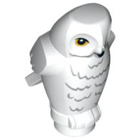 Display of LEGO part no. 92084pb03 Owl, Angular Features with Black Beak, Yellow Eyes and Light Bluish Gray Rippled Chest Feathers Pattern (HP Hedwig)  which is a White Owl, Angular Features with Black Beak, Yellow Eyes and Light Bluish Gray Rippled Chest Feathers Pattern (HP Hedwig) 