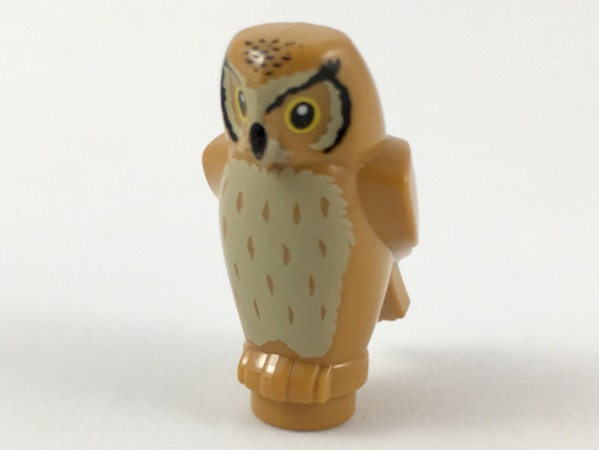 Display of LEGO part no. 92084pb04 Owl, Angular Features with Black Beak and Forehead Spots, Yellow Eyes and Tan Chest Feathers Pattern  which is a Medium Nougat Owl, Angular Features with Black Beak and Forehead Spots, Yellow Eyes and Tan Chest Feathers Pattern 