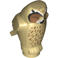 Display of LEGO part no. 92084pb05 Owl, Angular Features with Black Beak and One Closed Eye, Medium Nougat Chest Feathers and Forehead Spots Pattern  which is a Tan Owl, Angular Features with Black Beak and One Closed Eye, Medium Nougat Chest Feathers and Forehead Spots Pattern 
