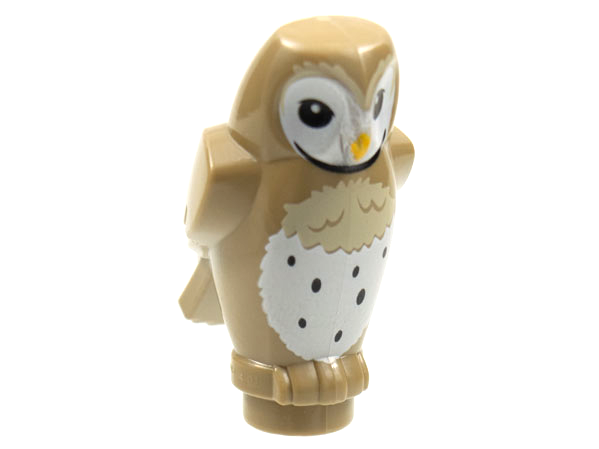Display of LEGO part no. 92084pb06 Owl, Angular Features with Yellow Beak, Black Eyes and and White Chest Feathers Pattern  which is a Dark Tan Owl, Angular Features with Yellow Beak, Black Eyes and and White Chest Feathers Pattern 