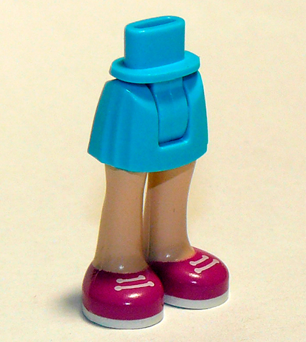 Display of LEGO part no. 92252c00pb020 which is a Medium Azure Mini Doll Hips and Skirt, Light Nougat Legs and Magenta Shoes with 2 White Laces Pattern, Thick Hinge 