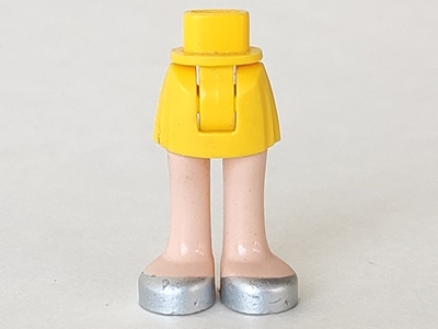 Display of LEGO part no. 92252c00pb028 which is a Yellow Mini Doll Hips and Skirt, Light Nougat Legs and Silver Shoes Pattern, Thick Hinge 