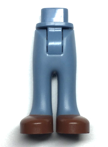 Display of LEGO part no. 92253c00pb33 which is a Sand Blue Mini Doll Hips and Trousers with Back Pockets with Reddish Brown Shoes Pattern, Thick Hinge 