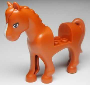 Display of LEGO part no. 93083c01pb01 Horse with 2 x 2 Cutout with Blue Eyes and White Blaze Pattern  which is a Dark Orange Horse with 2 x 2 Cutout with Blue Eyes and White Blaze Pattern 