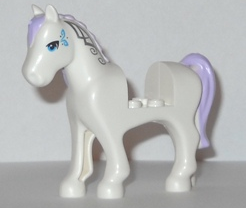 Display of LEGO part no. 93083c01pb06 Horse with 2 x 2 Cutout with Blue Eyes and Face Decoration, Lavender Mane and Tail Pattern  which is a White Horse with 2 x 2 Cutout with Blue Eyes and Face Decoration, Lavender Mane and Tail Pattern 
