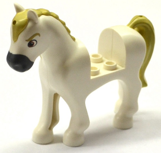 Display of LEGO part no. 93083c01pb12 Horse with 2 x 2 Cutout with Dark Bluish Gray Nose, Brown Eyes, Tan Eyebrows, Mane and Tail Pattern  which is a White Horse with 2 x 2 Cutout with Dark Bluish Gray Nose, Brown Eyes, Tan Eyebrows, Mane and Tail Pattern 