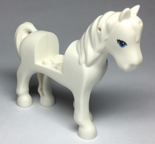 Display of LEGO part no. 93083c01pb18 Horse with 2 x 2 Cutout with Dark Azure Eyes with 2 Black Eyelashes Pattern  which is a White Horse with 2 x 2 Cutout with Dark Azure Eyes with 2 Black Eyelashes Pattern 
