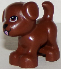 Display of LEGO part no. 93088pb07 Dog, Friends, Puppy, Standing with Black Nose and Mouth and Bright Pink Tongue Pattern (Dash)  which is a Reddish Brown Dog, Friends, Puppy, Standing with Black Nose and Mouth and Bright Pink Tongue Pattern (Dash) 