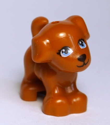 Display of LEGO part no. 93088pb09 Dog, Friends, Puppy, Standing with Bright Light Blue Eyes and Black Nose, Mouth and Eyelashes Pattern (Coco)  which is a Dark Orange Dog, Friends, Puppy, Standing with Bright Light Blue Eyes and Black Nose, Mouth and Eyelashes Pattern (Coco) 