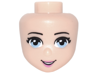 Display of LEGO part no. 93212 Mini Doll, Head Friends with Bright Light Blue Eyes, Dark Pink Lips, and Open Mouth Smile Pattern  which is a Light Nougat Mini Doll, Head Friends with Bright Light Blue Eyes, Dark Pink Lips, and Open Mouth Smile Pattern 