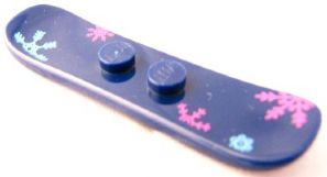 Display of LEGO part no. 93218pb01 which is a Dark Blue Minifigure, Utensil Snowboard Small with Medium Blue and Dark Pink Snowflakes Pattern 