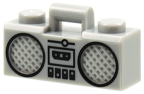 Display of LEGO part no. 93221pb03 Minifigure, Utensil Radio Boom Box with Bar Handle with Black Cassette Player, Switches and Rimmed Speakers Pattern  which is a Light Bluish Gray Minifigure, Utensil Radio Boom Box with Bar Handle with Black Cassette Player, Switches and Rimmed Speakers Pattern 