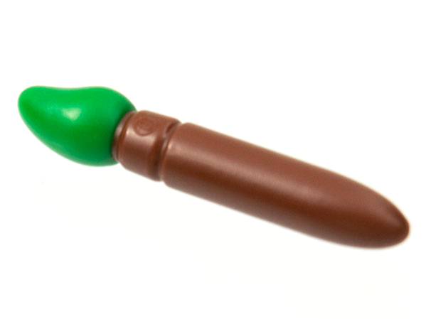 Display of LEGO part no. 93552pb04 which is a Reddish Brown Minifigure, Utensil Paint Brush with Molded Green Bristles Pattern 